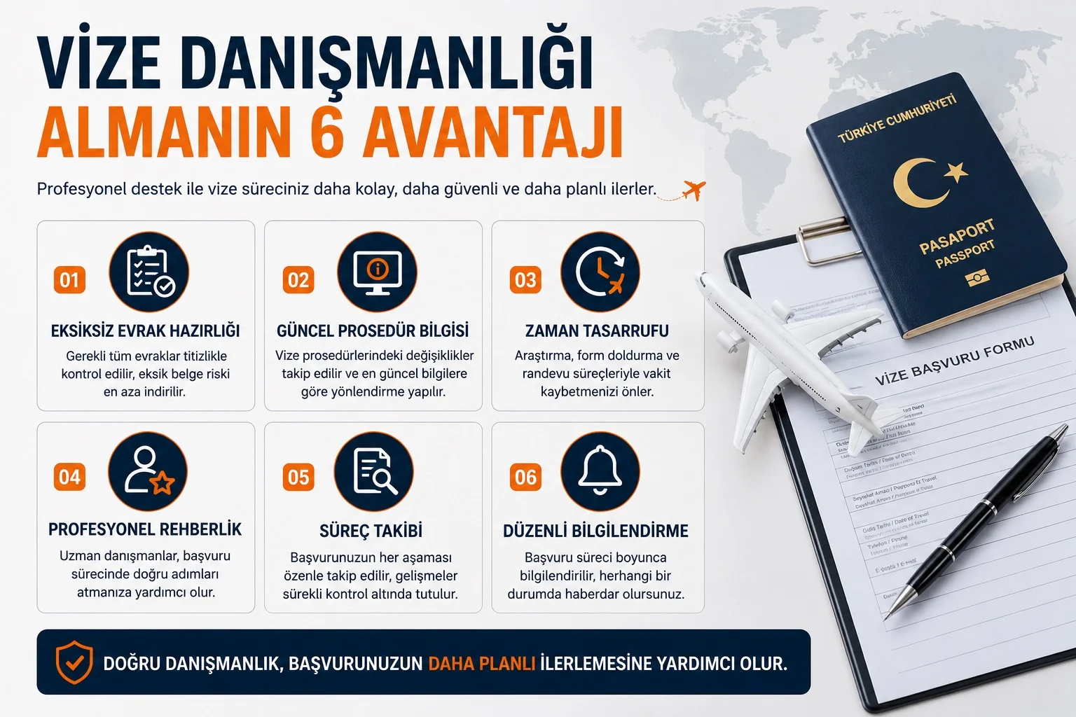 Profesyonel danışmanlık almak; vize sonucunu garanti etmez. Ancak başvurunun eksiksiz hazırlanmasına ve sürecin daha düzenli ilerlemesine katkı sağlayabilir.